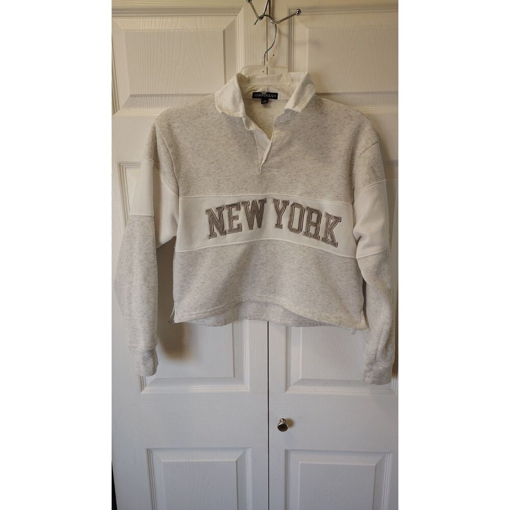 Harper & Ivy New York Crop Rugby Polo Sweatshirt - Gray/White - Size Small